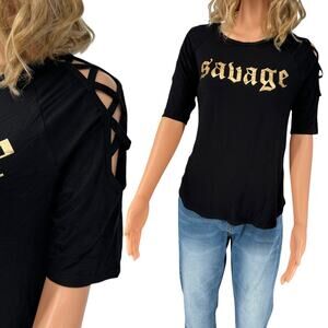 Rags II Riches Black T-Shirt Gold Savage Cold Shoulder Cut Out Large